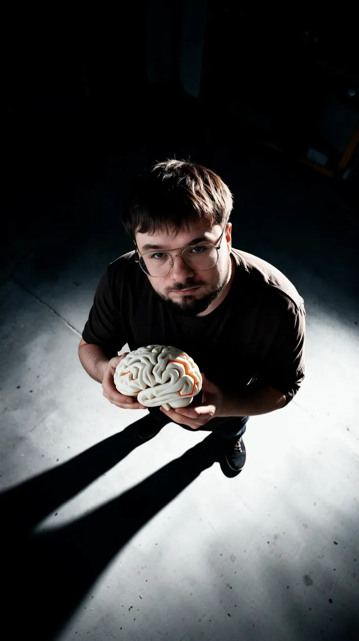 Maxence Briquet, vu de haut sous un projecteur, tient un cerveau blanc veiné d'orange.